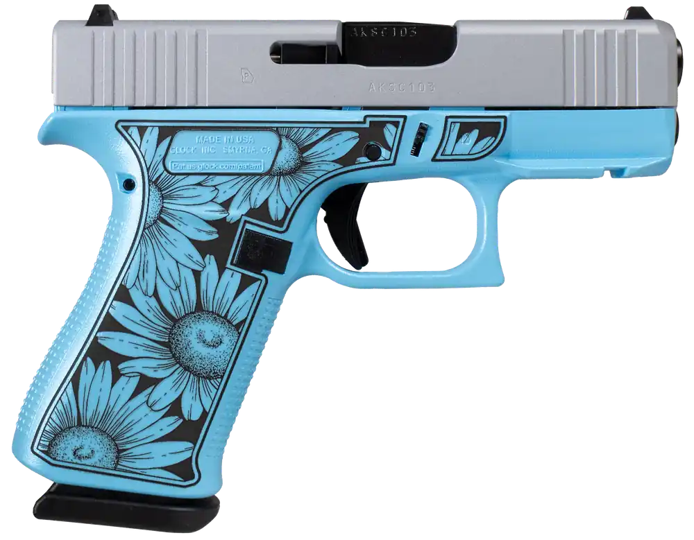 Glock G43X Miss Daisy 9mm Sub-Compact Pistol with Blue Cerakote Frame and Daisy Engraving
