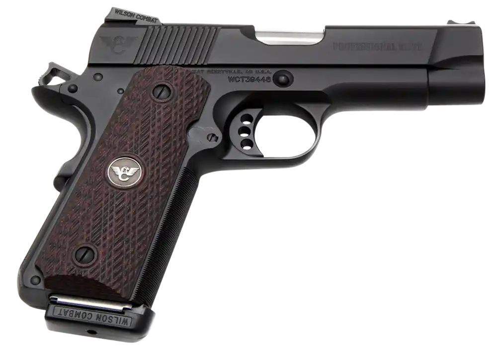 Wilson Combat Professional Elite 1911 .45 ACP Pistol, 8+1 Capacity, 4" Barrel, Black Carbon Steel, Black Cherry G10 Grip