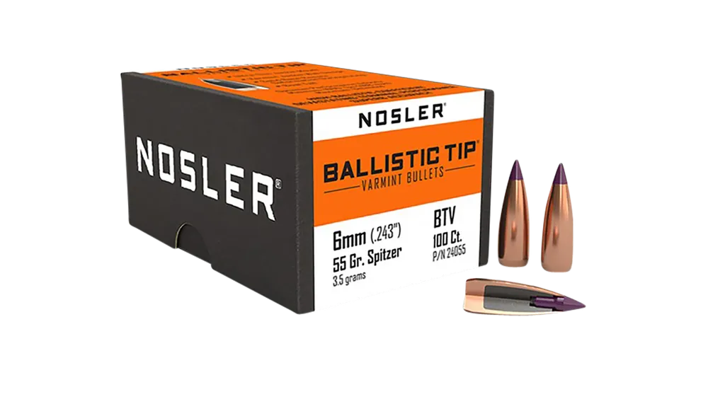 Nosler Ballistic Tip 6mm 55gr Spitzer Bullets - 100 Count Box