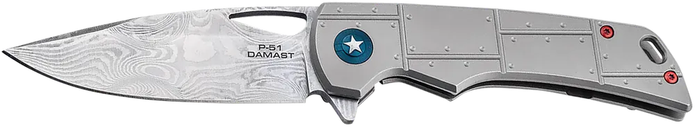 Boker P-51 Damascus Blade with Titanium Handle - 3.35" Drop Point Silver Acid Etch