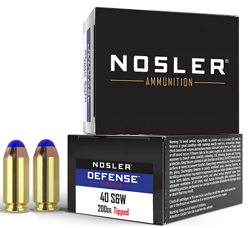 Nosler 39515 Defense Handgun Ammo: 40S&W 200gr Bonded Performance Tipped, 20 Rounds per Box, 10 Boxes per Case
