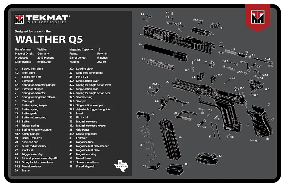 Walther Q5 SF Cleaning Mat with Parts Diagram - 11"x17" Black/Gray Rubber