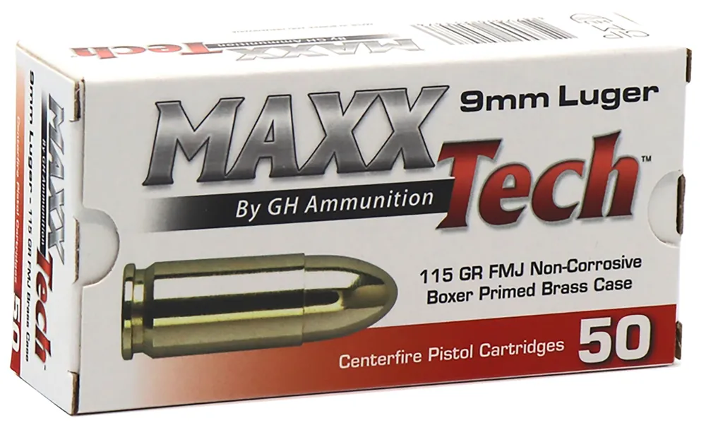 MaxxTech 9mm Luger 115gr FMJ Brass Pistol Ammo - 50 Rounds Per Box