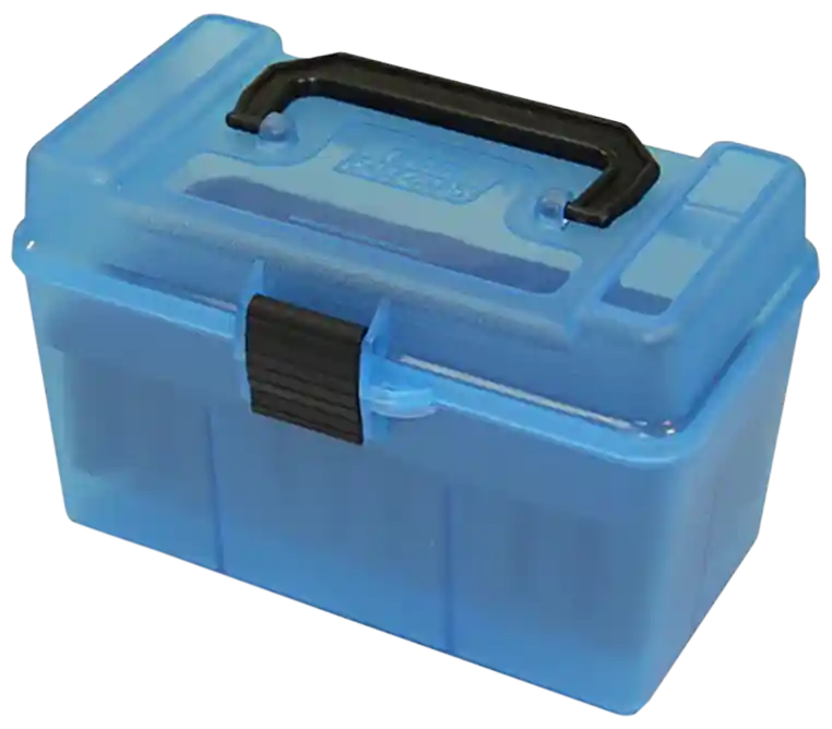 Deluxe Ammo Box for 300 Win Mag/7mm Rem - 50 Round Capacity, Clear Blue
