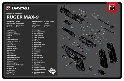 Ruger Max 9 Cleaning Mat with Parts Diagram - 11"x17" Black/White Rubber