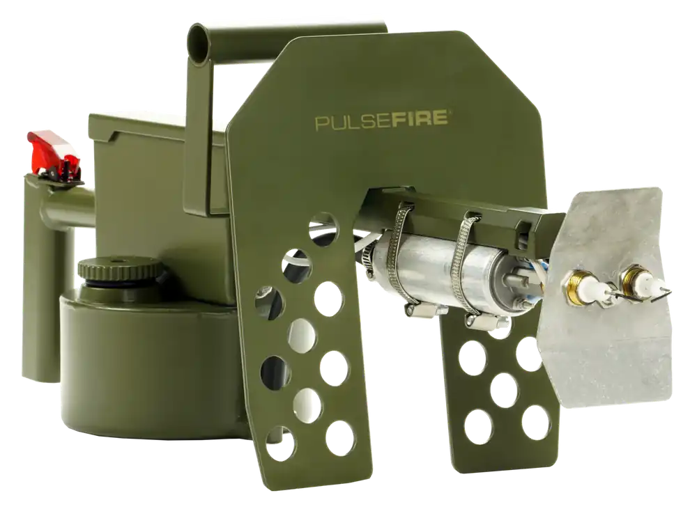 Exothermic Technologies Pulsefire LRT: CA Approved Green Aluminum Flamethrower with 10 ft Range, Gasoline/Diesel Compatible, Includes Battery & Charger