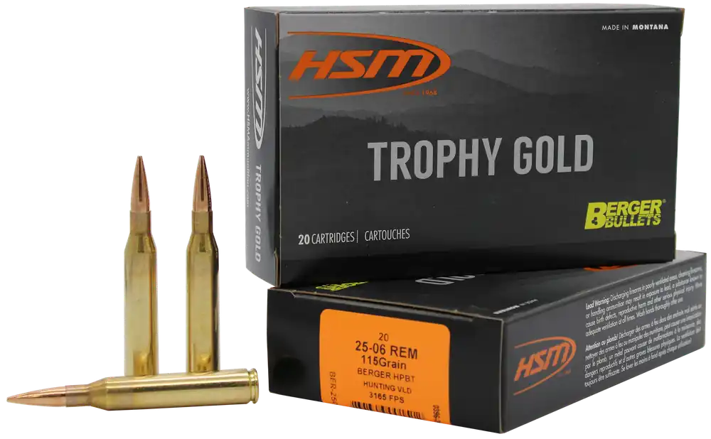 HSM 25-06 Rem 115gr Berger VLD Trophy Gold Extended Range Ammo - 20 Rounds