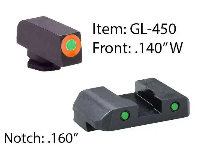 AmeriGlo GL450 Spartan Operator Fits Glock 42/43 Tritium Green w/Orange Outline Front Tritium Green w/Black Outline Rear