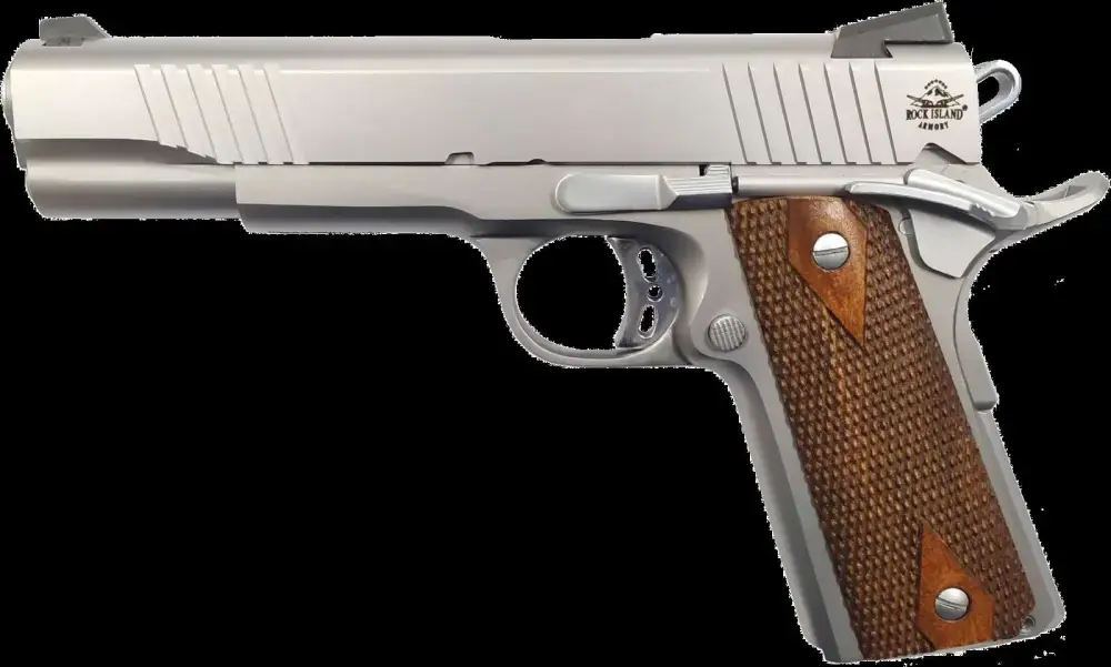 Rock Island 51414 Rock Standard *CA Compliant 45 ACP 5" 8+1 Matte Stainless Steel Wood Grip