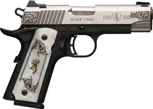 Browning 051967492 1911-380 Medallion Compact 380 ACP 3.63" Stainless 8+1 Matte Black White Pearl Engraved Grip