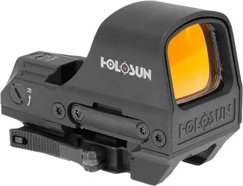 Holosun, Open Reflex, 2MOA Dot or 2MOA Dot with 65MOA Circle, Solar with Internal Battery, Quick Release Mount, AR Riser, Protective Hood, Black Finish