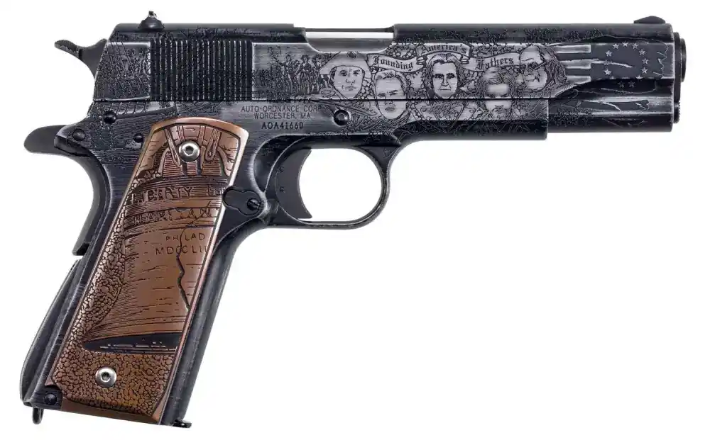 Thompson 1911BKOC7 1911 Revolution 45 ACP 5" 7+1 Midnight Blue Distressed Cerakote Gonaclo Wood w/Custom Engraving Grip