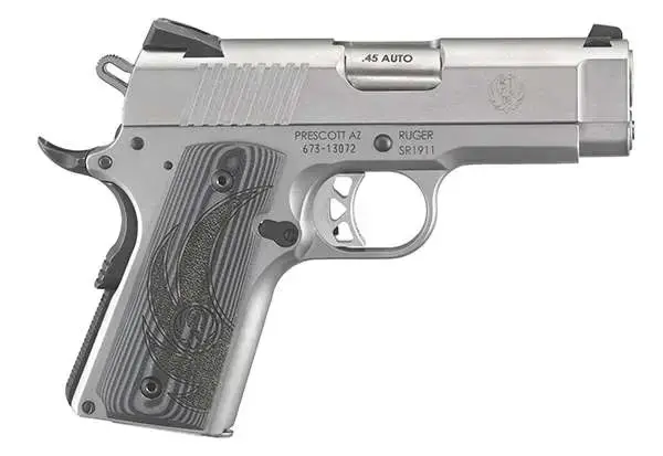 Ruger 6762 SR1911 Officer-Style 45 ACP SAO 3.60" 7+1 Gray G10 Checkered Grip Low-Glare Stainless Steel Frame & Slide