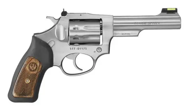 Ruger 5765 SP101 Standard 22 LR 4.20" 8 Round Black Rubber w/Wood Insert Grip Stainless Steel