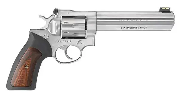 Ruger 1773 GP100 Standard 357 Mag 6" 7 Round Black w/Wood Insert Grip Satin Stainless