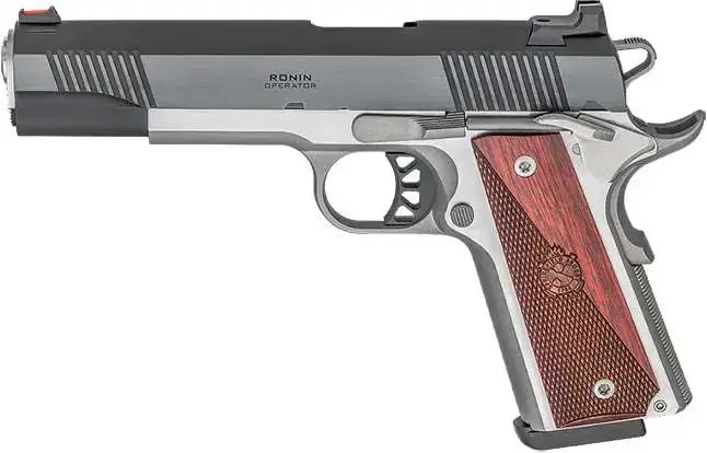 Springfield 1911 Ronin 9mm Luger 9+1 5", Hybrid Smooth/Checkered Crossed Cannon Wood Laminate Grip
