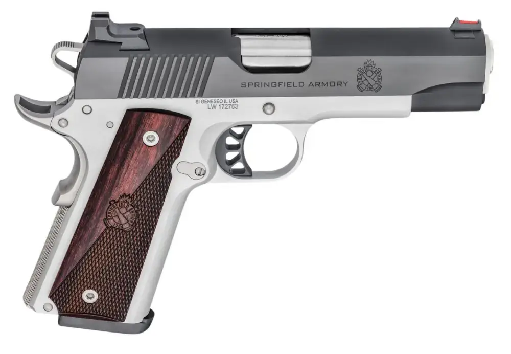 Springfield 1911 Ronin 9mm Luger 9+1 4.25", Hybrid Smooth/Checkered Crossed Cannon Wood Laminate Grip