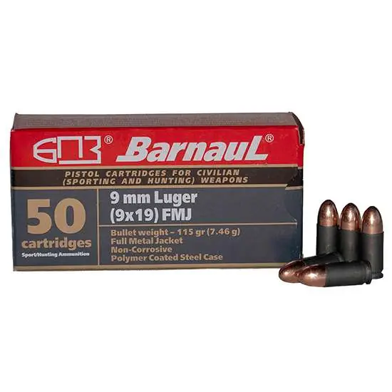 BARNAUL 9MM 115GR FMJ STEEL CASE 50 Round Box