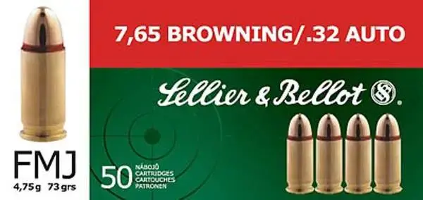 Sellier & Bellot SB32A Handgun 32 ACP 73 gr Full Metal Jacket (FMJ) 50 Round Box