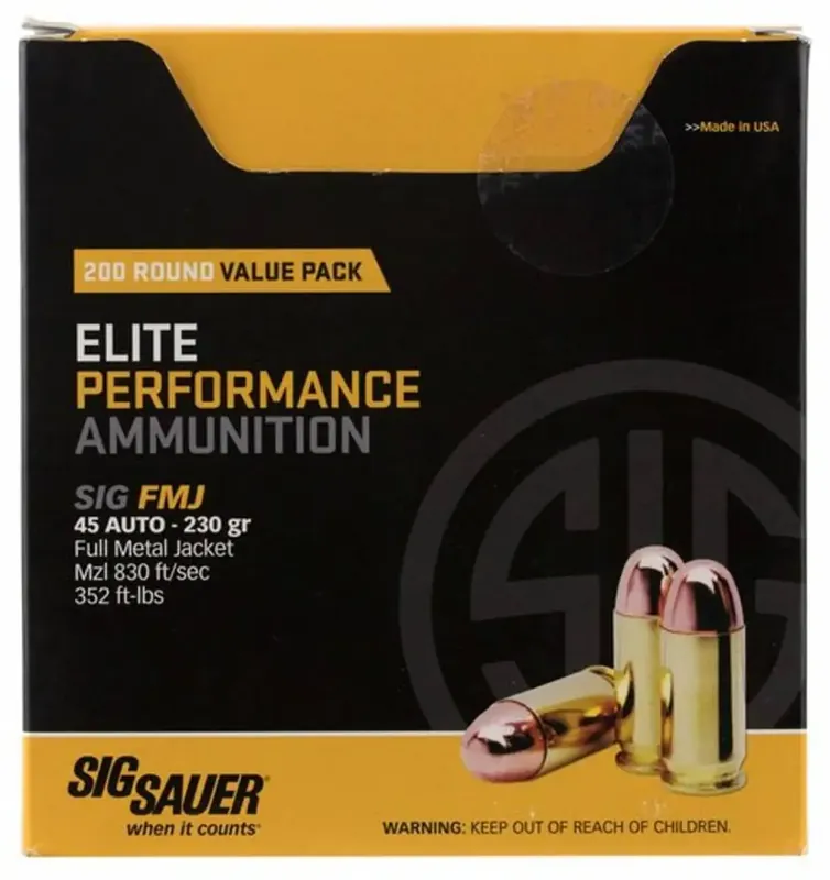 Sig Sauer E45BA3200 Elite Ball 45 ACP 230 gr Full Metal Jacket (FMJ) 200 Round Box (Value Pack)