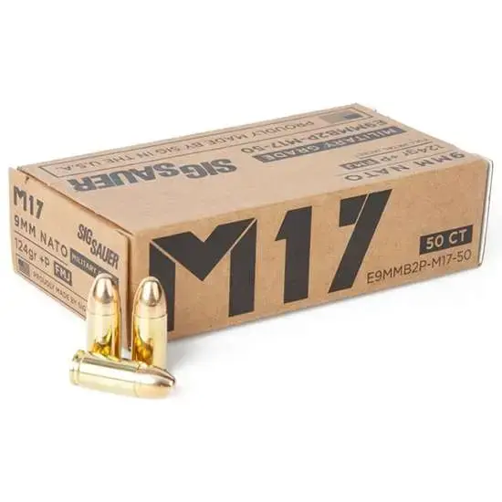 Sig Sauer E9MMB2PM1750 Military Grade 9mm NATO +P 124 gr Full Metal Jacket (FMJ) 50 Round Box