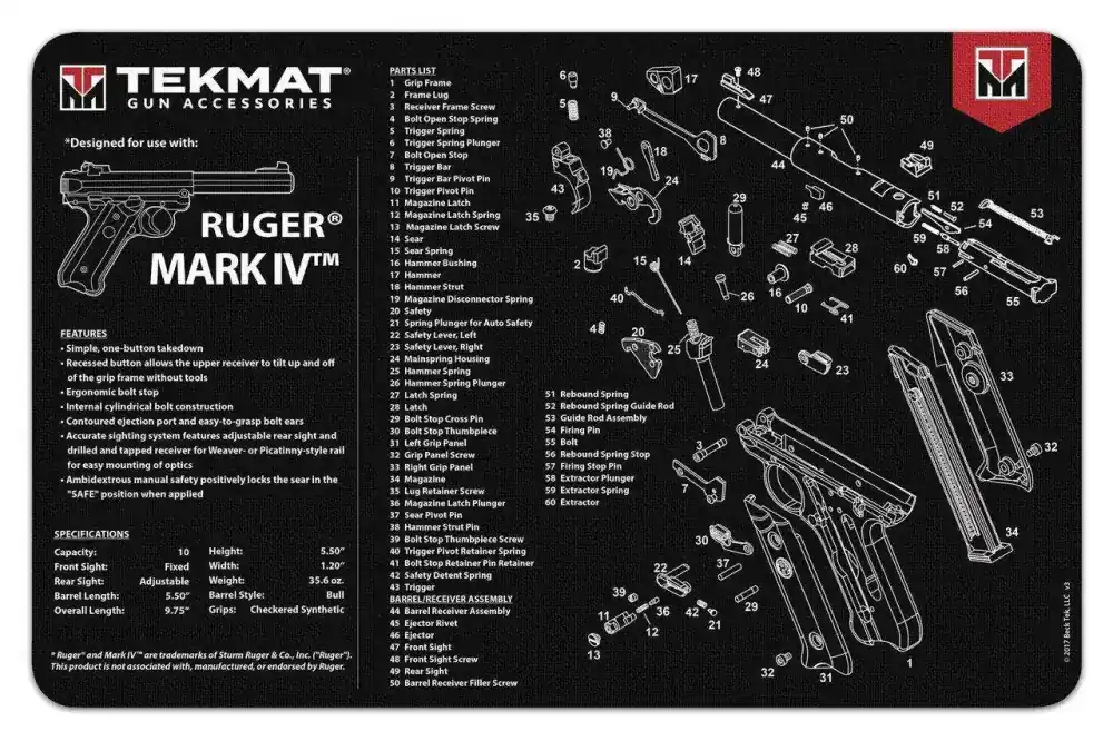 TekMat TEKR17RUGERMK4 Original Cleaning Mat Ruger Mark IV Parts Diagram 11" x 17"