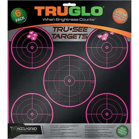 Truglo TG11P6 Tru-See Self-Adhesive Paper 12" x 12" 5-Bullseye Black Target Paper w/Black Target & Pink Accents 6 Per Pack