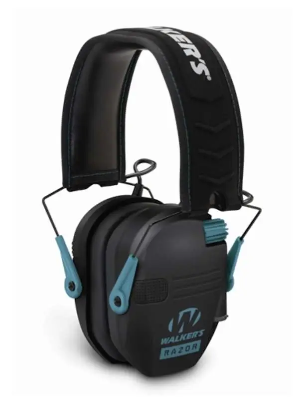 Walkers GWPRSEMTL Razor Slim Electronic Polymer 23 dB Over the Head Black Ear Cups w/Black Band & Teal Accents