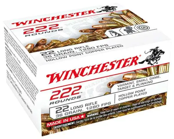 Winchester Ammo 22LR222HP USA 22 LR 36 gr Copper Plated Hollow Point (CPHP) CAN 222 Bx/ 10 Cs