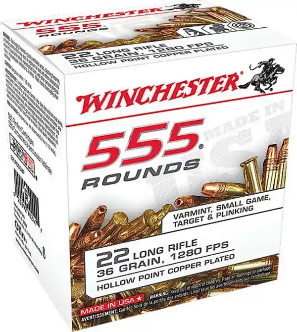 Winchester Ammo 22LR555HP USA 22 LR 36 gr Copper Plated Hollow Point (CPHP) 555 Can/ 10 Cs