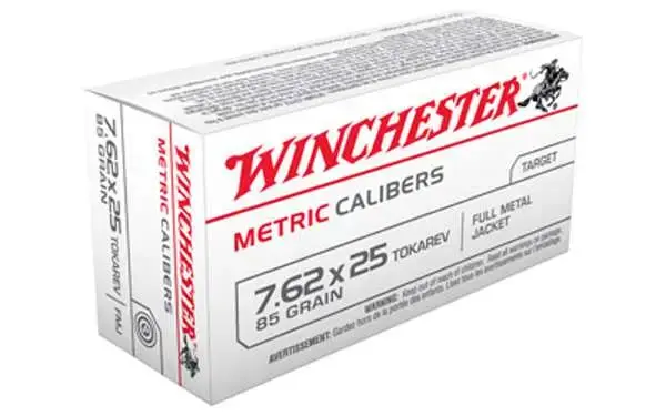 Winchester Ammo MC762TOK USA 7.62x25mm Tokarev 85 gr Full Metal Jacket (FMJ) 50 Round Box