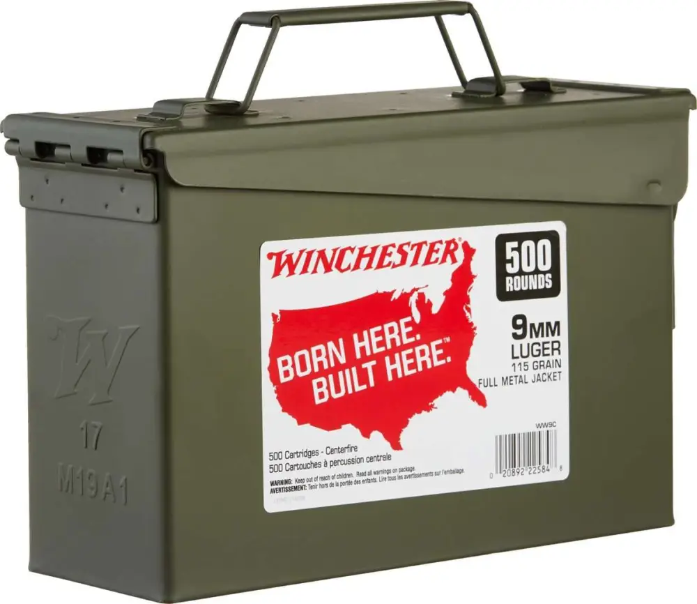Winchester Ammo WW9C USA 9mm Luger 115 gr Full Metal Jacket (FMJ) 500 Round Box (Ammo Can)