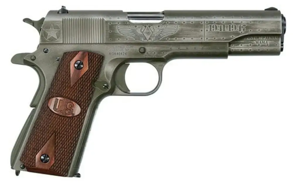 Thompson 1911BKOWC2 1911 Fly Girls 45 ACP 5" 7+1 Black/OD Green Cerakote Checkered Wood w/US Logo Grip