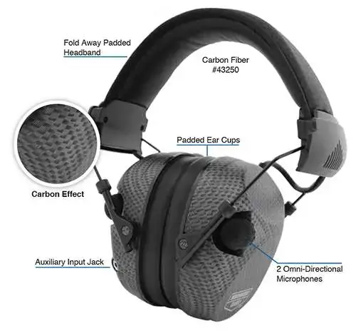 Birchwood Casey 43250 eKrest Electronic Muffs 26 dB Over the Head Black Carbon Fiber Ear Cups w/Black Band