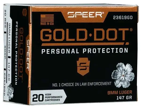 Speer Ammo 23619GD Gold Dot Personal Protection 9mm Luger 147 gr Hollow Point (HP) 20 Round Box