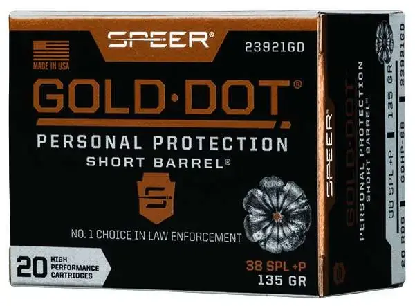 Speer Ammo 23921GD Gold Dot Personal Protection 38 Special +P 135 gr Hollow Point (HP) 20 Round Box