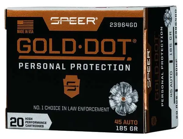Speer Ammo 23964GD Gold Dot Personal Protection 45 ACP 185 gr Hollow Point (HP) 20 Round Box