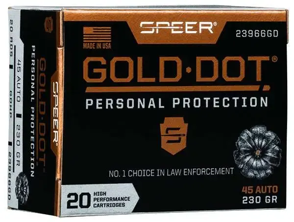 Speer Ammo 23966GD Gold Dot Personal Protection 45 ACP 230 gr Hollow Point (HP) 20 Round Box