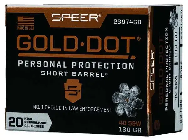 Speer Ammo 23974GD Gold Dot Personal Protection 40 S&W 180 gr Hollow Point (HP) 20 Round Box
