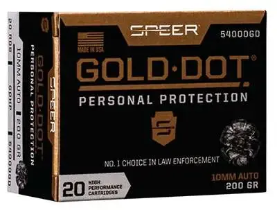 Speer Ammo 54000GD Gold Dot Personal Protection 10mm Auto 200 gr Hollow Point (HP) 20 Round Box