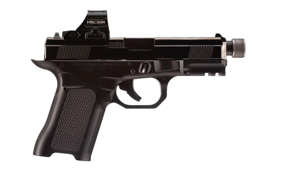 ALPHA FOXTROT AF-C HGA 9MM 4.6IN TB BBL FRGED ALUM STRKR PSTL POL BLK DLC SLIDE 15RD 1911 GRIP ANGLE