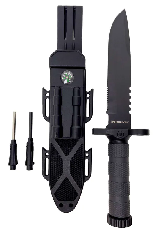 Humvee Adventure Gear HMV-KFXB-02 Humvee Survival Knife 7.50" Fixed Sawback Plain Black Stainless Steel Blade OD Green Textured Rubber Handle Includes Sheath