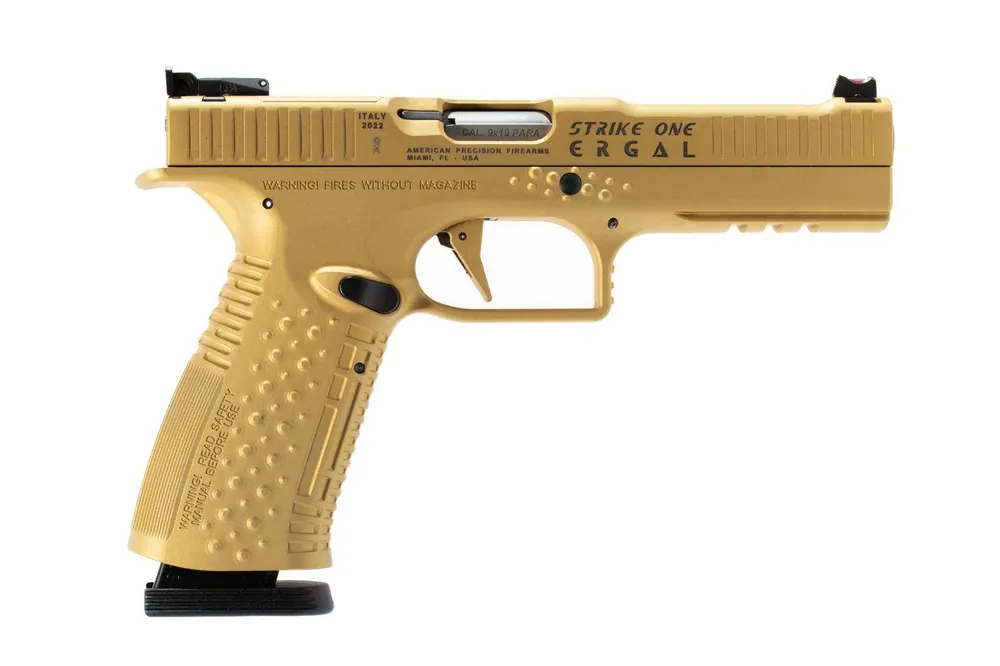 AMERICAN PREC FIREARMS STRIKE ONE ERGAL HGA 9MM 5 IN BBL ADJ SIGHT COMP TRIG GOLD 2/17RD MAGS