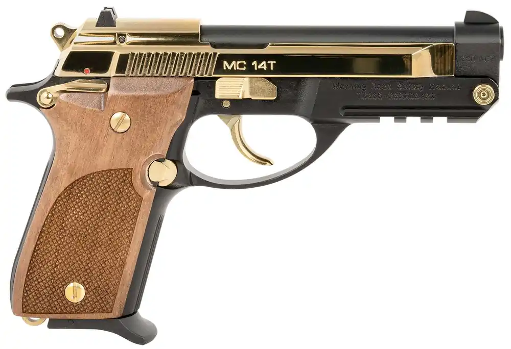 Girsan 390876 MC 14T Solution Sports South Exclusive Compact 380 ACP 13+1 4.50" Gold Plated Steel Tip-Up Barrel, Serrated Slide & Aluminum Frame w/Accessory Rail, Walnut Checkered Grip Ambidextrous