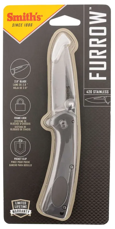 Smiths Products 51008 Furrow 2.90" Folding Drop Point Plain Satin Titanium Coated Stainless Steel Blade/Stainless Steel Handle Includes Pocket Clip
