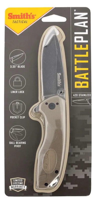 Smiths Products 50995 BattlePlan 3.35" Folding Drop Point Plain Black Stonewashed 400 SS Blade/ Desert Tan G10 Handle Includes Pocket Clip