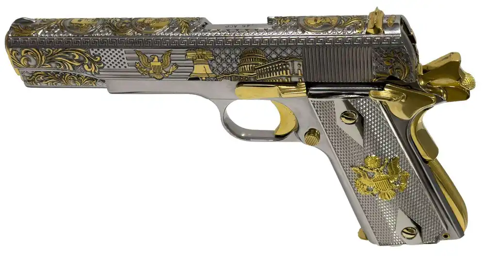 AUTO ORDNANCE HGA 45 AUTO 5IN BBL 1/7RD MAG 1911A1 NICKEL PLATED AMER PATRIOT GOLD ACCENTS