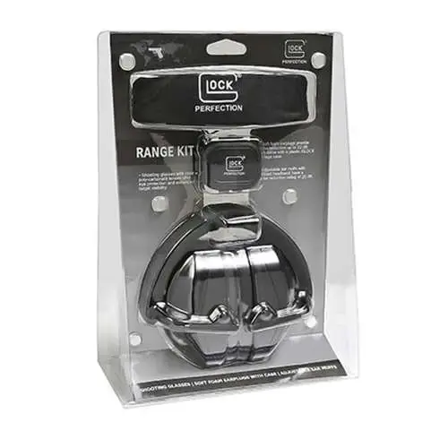 Glock AP60220 Range Kit 25 dB Over the Head Black Ear Cups w/Black Band Muffs, Clear Glasses, 32 dB Ear Plugs
