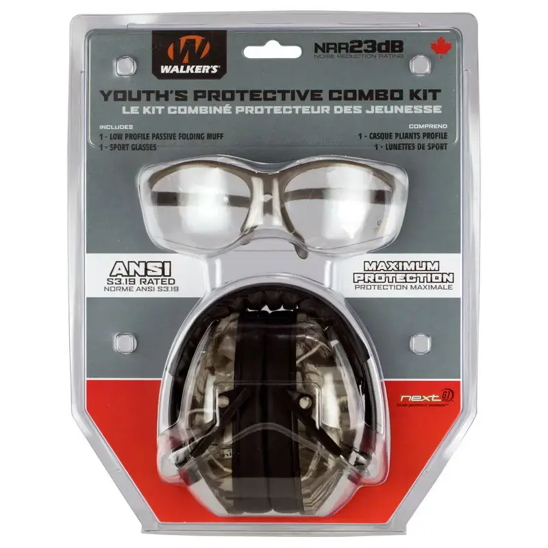 Walkers GWPYMSGLCMO Youth Combo Kit 23 dB Camo with Clear Sport Glasses