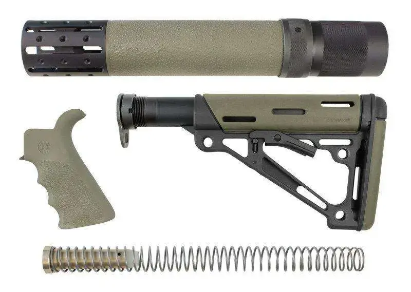 AR-15/M-16 Kit - Finger Groove Beavertail Grip, Rifle Length Forend with Accessories and OverMolded Collapsible Buttstock - Includes Mil-Spec Buffer Tube and Hardware - OD Green